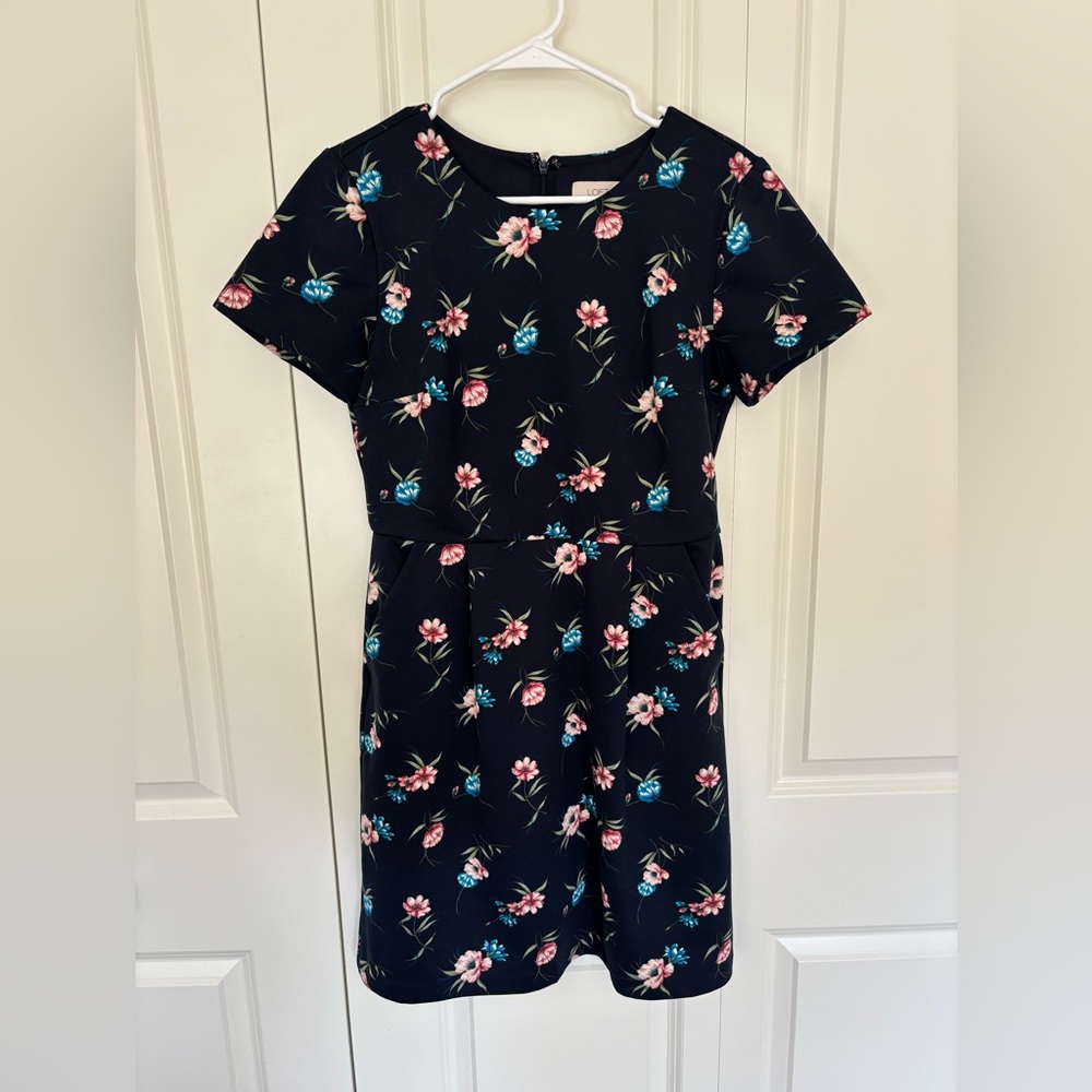LOFT Midi Dress Womens 6 Blue Floral Pleated Waist Pockets Business Cottage